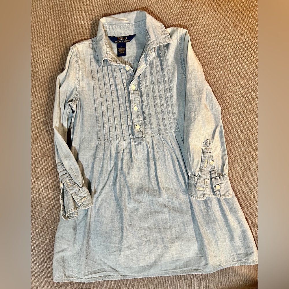 Kids Polo Denim Button Down Tunic Shirt w/ Pleated Detailing Sz 7
